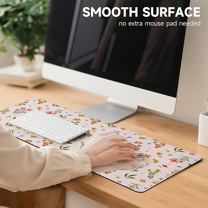 Botanical Floral Desk Pad Blotter,Large Mouse Pad 35 x 17in,PU Leather Desk Mat Writing Pad Protector, Non-Slip Waterprrof,Desktop Decor for Home Office & Gamers Women Girls (Colorful Floral)
