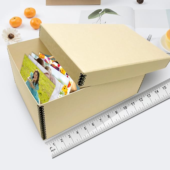 Lineco Archival Photo Card Box, Museum-Quality Storage, 5x8x12 Inch, Tan | Acid-Free with Removable Lid, Metal-Edge Corner, Bulk Storage and Preservation for Negatives, Prints, Films, Photos, Snapshot