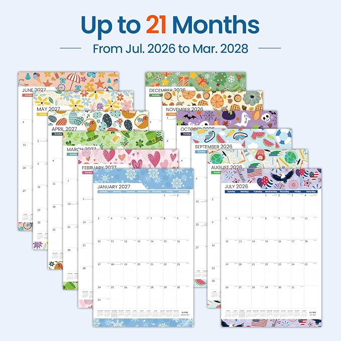 SUNEE 2026-2027 Wall Calendar Extra Large 17"x27", 21 Month July Calendar (Ends March 2028),Vertical Monthly for Wall, Seasons Color