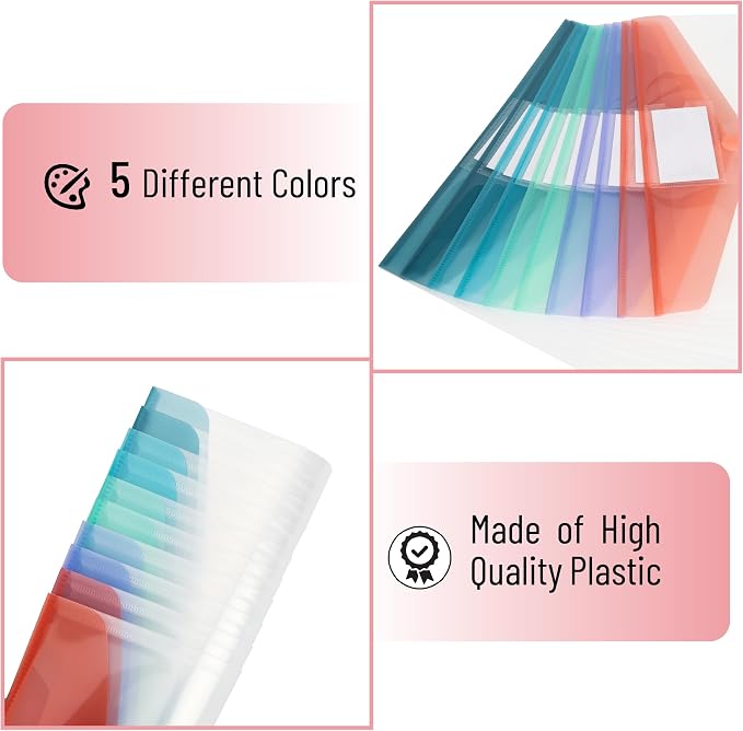 Mr. Pen- Clear Plastic Envelopes File Folders, 10 Pack, A4, Letter Size | Colorful Flaps, Clear Folders for Documents Plastic Poly Envelopes with Label for School, Home, Work, Office, Organizer