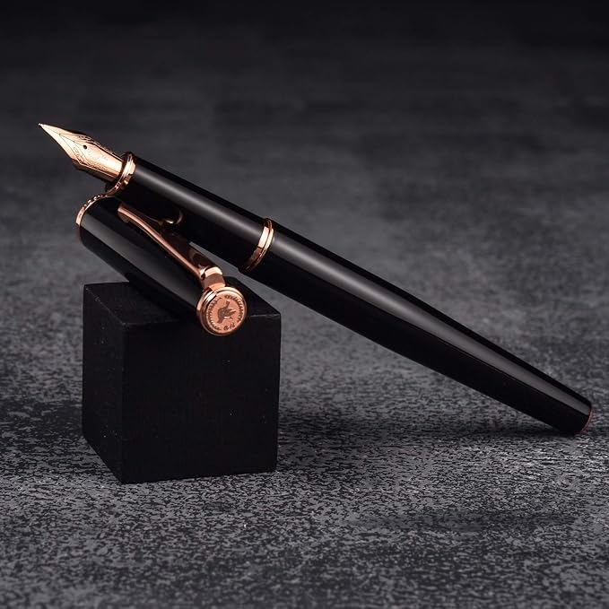 HongDian 920 Black Metal Fountain Pen, Rose Gold Plated Fine Nib Smooth Writing Pen, Classic Pen with Ink Converter