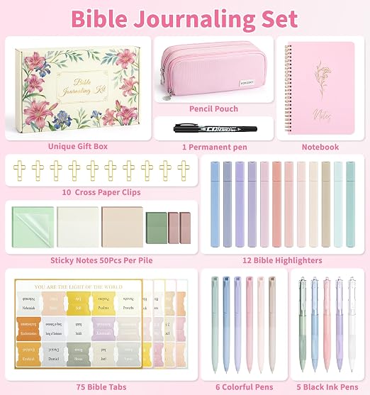 47Pcs Bible Study Supplies, Bible Journaling Kit for Women, Pink Pencil Case, 12 Pastel No Bleed Highlighters and 6 Colored Pens, Bible Tabs and More, Book Annotation Kit for Women & Men (Pink)