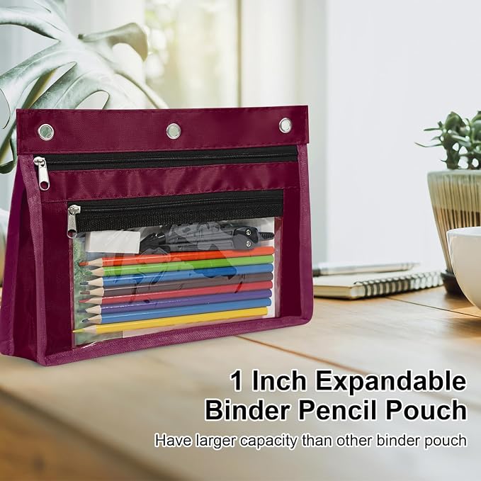 YoeeJob 2 Pack 1 Inch Expandable Zipper Pencil Pouches with Clear Window for 3 Ring Binder, Suitable for School & Office（Wine-red）
