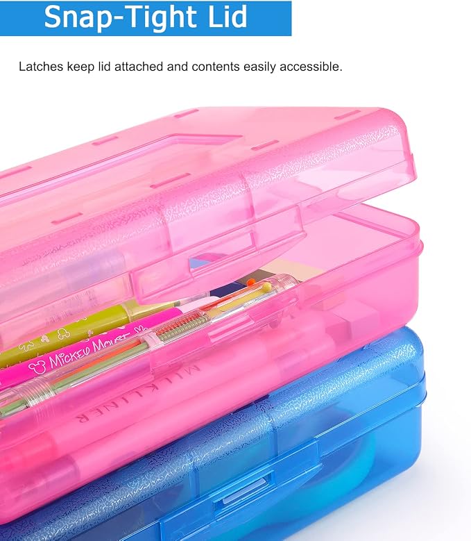 Tamaki 1 Pack Plastic Pencil Box Large Capacity, Pink | Clear Boxes with Snap-tight Lid Stackable Design and Stylish Office Supplies Storage Organizer