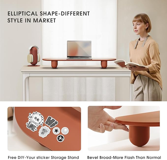 Fenge Computer Monitor Stand with Solid Beech Wood Legs, 34 Inch | Full-Red Finish Panel, 5-Min Tool-Free Assembly, Oval Monitor Riser for Art Spaces, Studios, Home Office