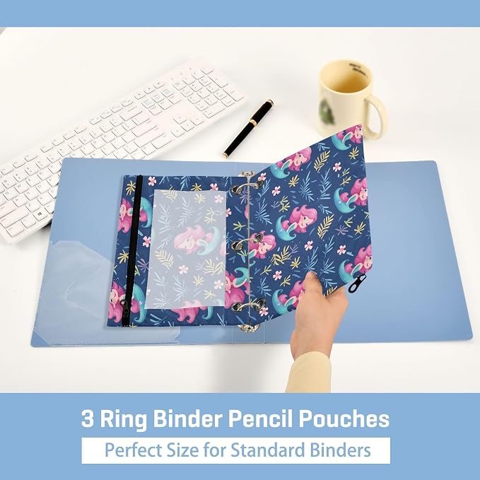 Beautiful Mermaid Pencil Pouch Fits standard 3-ring binders, Zipper Binder Pencil Bag with Clear Window for Class Office 2 Pack