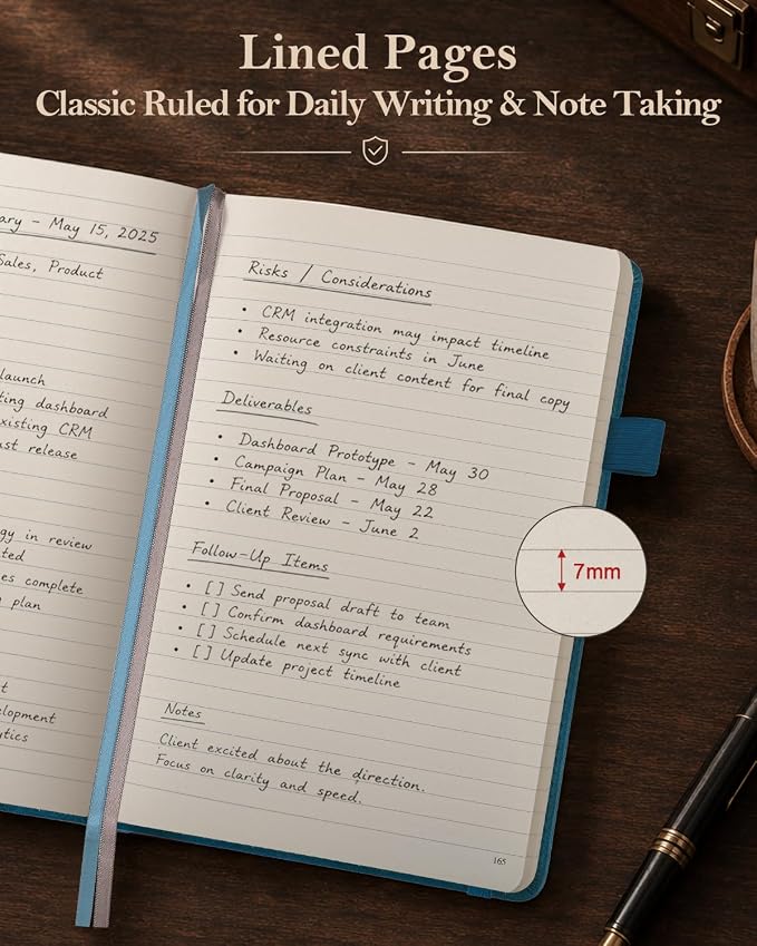 Lined Hardcover Leather Journal Notebook: A5 Journal for Women Men, Blue | 312 Numbered Pages & Content, 100GSM Thick Paper, College Ruled Journals Note Book for Business Work Writing Diary