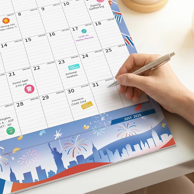 Ospelelf Wall Calendar 2026-2027 Monthly Large Planner Pad 17" X 22" with Storage Pockets Protective Cover and Stickers for Family Fridge Office Teacher Student Use July 2026 to December 2027 Season