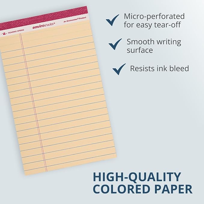 ROARING SPRING Enviroshades Assorted Colored Small Legal Pads, 6 Pack, Legal Ruled Recycled Mini Writing Note Pads, 5" x 8", 50 Sheets, Perforated Memo Pad For School & Office, Made in USA