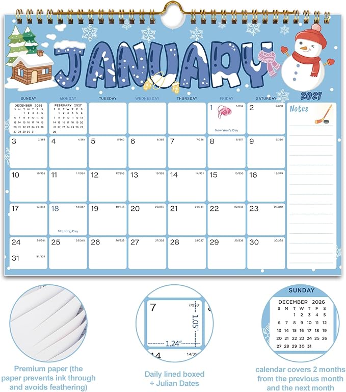 2027 Calendar - 18 Monthly Wall Calendar, July 2026 - December 2027, 8.5" x 11", Calendar 2027 with Twin-Wire Binding, Hanging Hook, Blocks and Julian Dates (Wall Calendar Festivals)