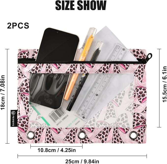 ALAZA Pencil Pouch for 3 Ring Binder, Leopard Print Bows Binder Pencil Pouches with Clear Window Zipper Pencil Case Cosmetic Bags for Office College Supplies, 2PCS