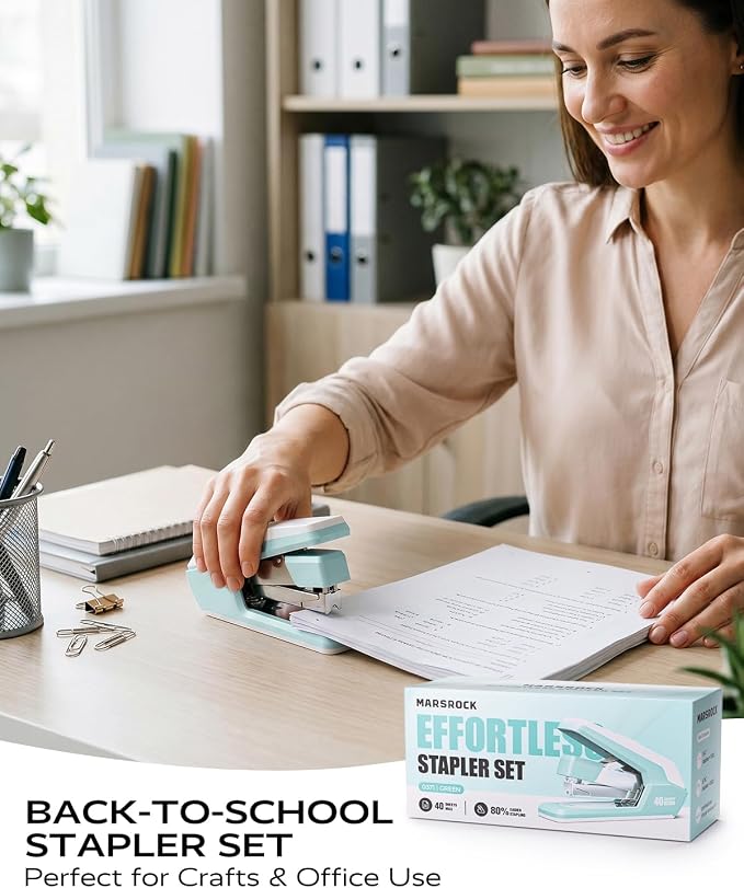 Marsrock Effortless Stapler for Desk with 40-50 Sheet Capacity, 2000 Staples, 1-Touch Stapling, Easy to Load Desktop Staplers, Heavy Duty Stapler, Magnetic Staple Remover, School Supplies, Green