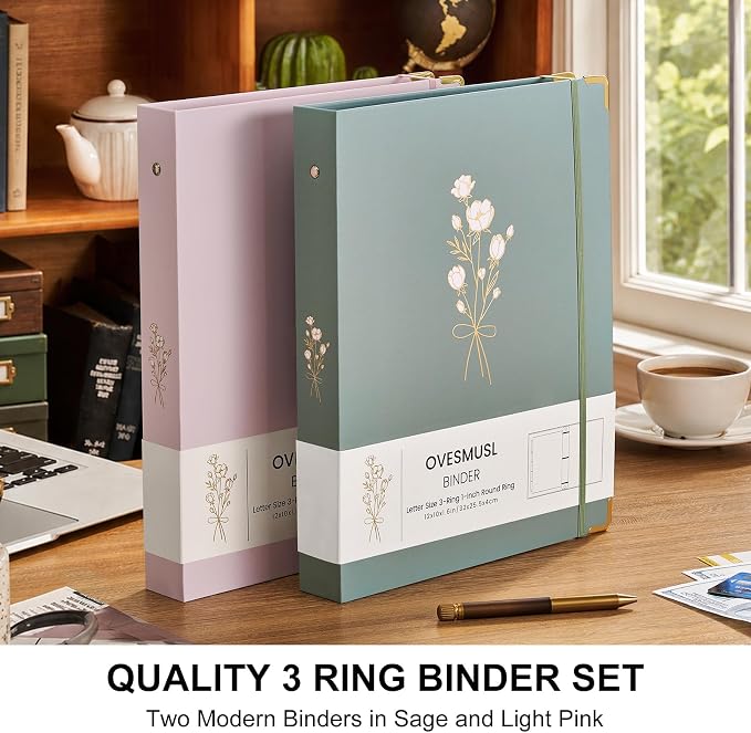 OVESMUSL Aesthetic 3 Ring Binder 1 Inch Set of 2, Decorative Hardcover Paper Binders for School, Office and Recipe Organizing, Fits 8.5 x 11 Letter Size, Sage Green and Pale Pink