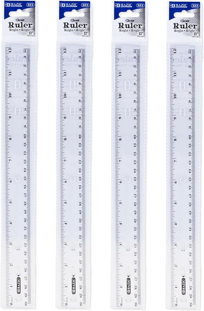 BAZIC Products 12 in Clear Plastic Ruler, Inch & Metric (30 cm), 4-Pack | clear inch and centimeter marks for measuring and drawing straight lines