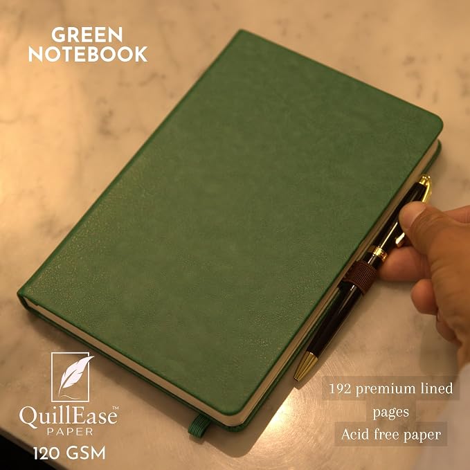SETTINI® Hardcover Lined Journal Notebook A5 120 GSM Lay-Flat, Emerald | lay-flat binding, 120 GSM thick paper, A5, lined, ribbon bookmark, elastic closure, for women
