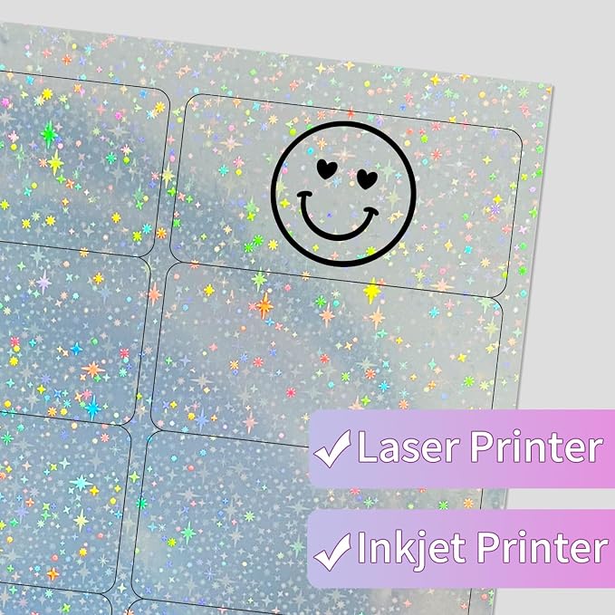 STARLIBOO Holographic Stickers Labels - 2" x 4" Address Labels Mailing Stickers for Laser/Inkjet Printer 8.5"×11"-Star, Rainbow, Transparent, Dots- 20 Sheets