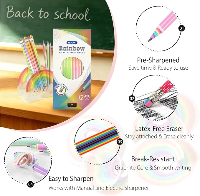 ECOTREE Pre-sharpened Pencils #2 Eco Rainbow Paper Pencil Cute Pencil for Kids Number 2 Pencils with Erasers for School, Writing, 24 Count
