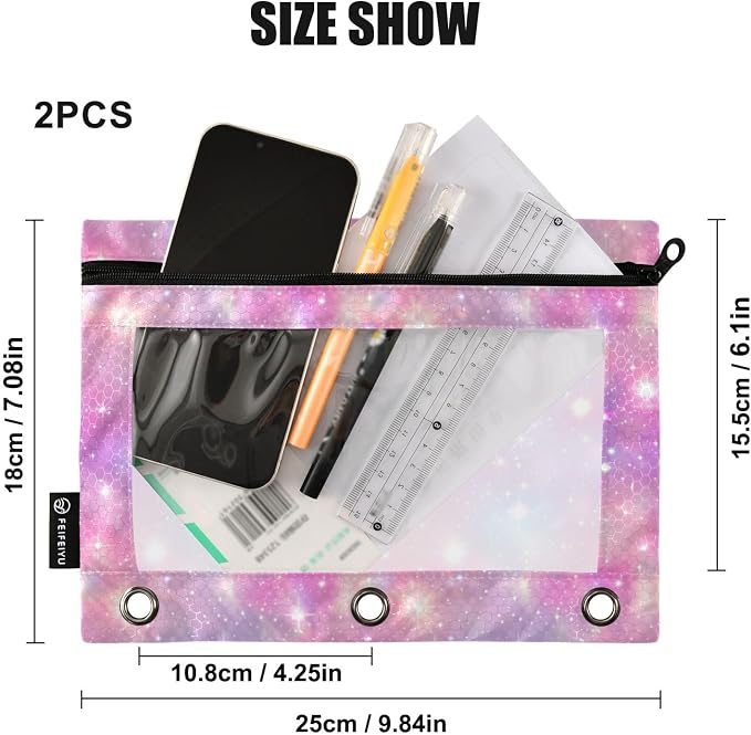 Binder Pencil Pouches, Pink Sky with Stars Pencil Case with Clear Window 3 Rings Pen Case Holder Office Supplies