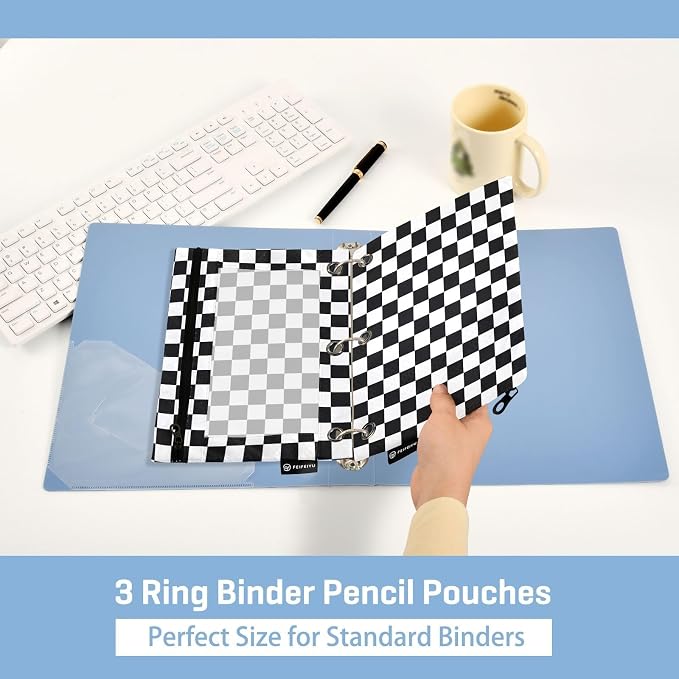 Racing Checkered Flag Pencil Pouches for 3 Ring Binder, Zipper Binder Pencil Case, 2 Pack Clear Window Case Bag for Office Organizers