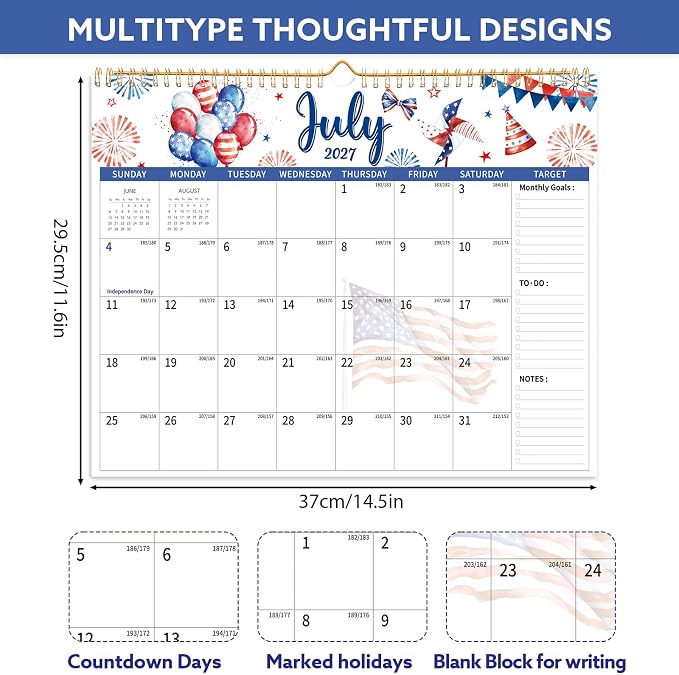 2026-2027 Wall Calendar, 14.5" x 11.8" 18 Month Watercolor | July 2026-December 2027 120Gsm FSC-Certified Paper Monthly Calendar, Twin-Wire Binding, Ruled Blocks, Holiday Reference