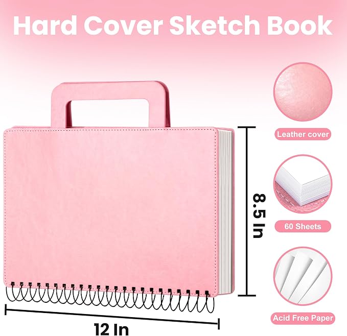 Large Sketchbook for Drawing 9"X 12" Portable Travel Spiral Bound Sketch Book with Pocket(98lb/160gsm) Hardcover Drawing Pad for Adults Watercolor Mixed Media Paper, 60 Sheets/120 Pages, Pink