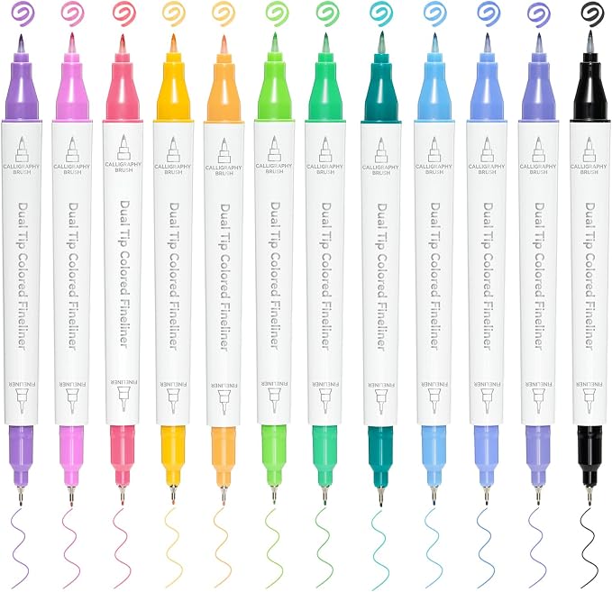 Ohuhu 12 Colors Brush & Fineliner Dual Tips Colored Drawing Pens for Adults | Waterproof & Alcohol-proof Brush Micro Pens for Artists & Beginners Drawing Sketching Bullet Journal Outlining Office Class