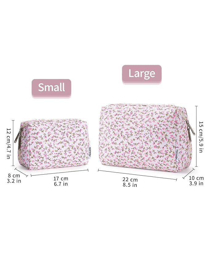 Narwey Small Cute Floral Makeup Bag for Purse Mini Cosmetic Bag Travel Makeup Pouch Zipper Pouch Cute Make up Bags with Compartments for Women Girls (Pink Flower, Small)