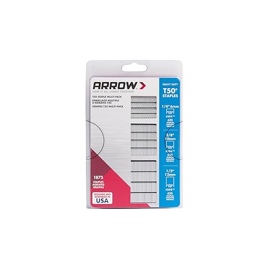 Arrow 50MP T50 Staples Multipack, 1/4", 3/8" and 1/2" Sizes, 1875 Count | Heavy Duty, For Upholstery, Construction, Furniture, Crafts, Fit Arrow T50 Staple Guns, Hammer Tackers and Pneumatic Tools
