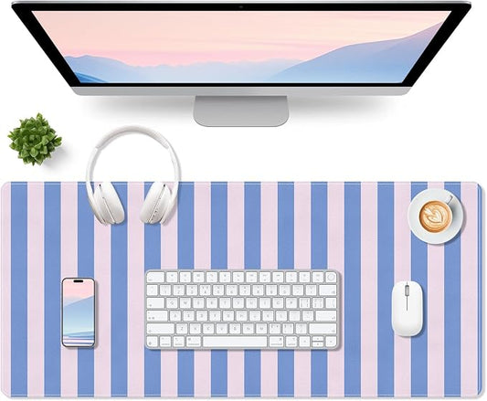Leather Desk Pad Protector, Striped Mouse Pad, Blue Pink Office Desk Mat, Non-Slip PU Leather Desk Blotter,Laptop Desktop Pad Waterproof Desk Writing Pad for Office Home