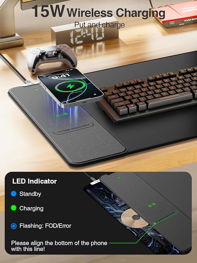 Wireless Charging Mouse Pad, 31.5"x15.8" Large Desk Mat, Smooth Glide | Waterproof Mousepad, Stitched Edge, Non-Slip Rubber Base, Desk Pad Computer Keyboard Mat, No Adapter