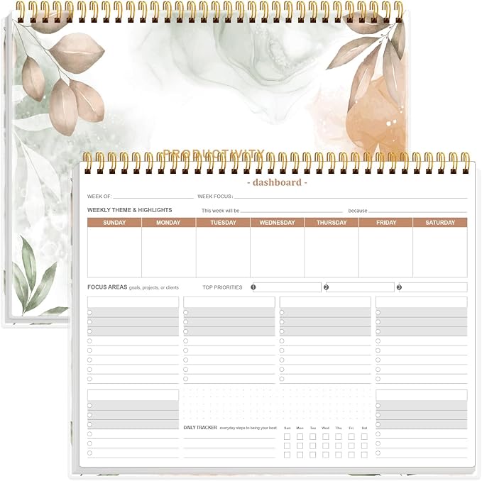Weekly Productivity Planner - 8.5" x 11" Dashboard Desk Notepad Has 6 Focus Areas to List Tasks for Goals, Projects, Clients, Academic or Meal-Organize Your Daily Work Efficiently, 54 Weeks, Rose Leaf