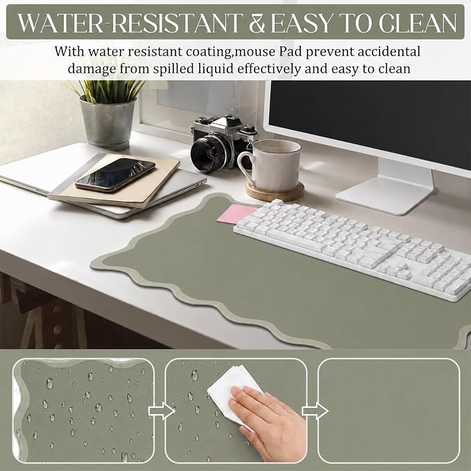 Hahafelt Scalloped Desk Mat Large Desk Pad Cute Coquette Table Mat Back to School Preppy Table Make up Pad Nonslip Graduation Gift with Stitching Waterproof Gaming(Sage Green,31.5 x 15.8 Inches)