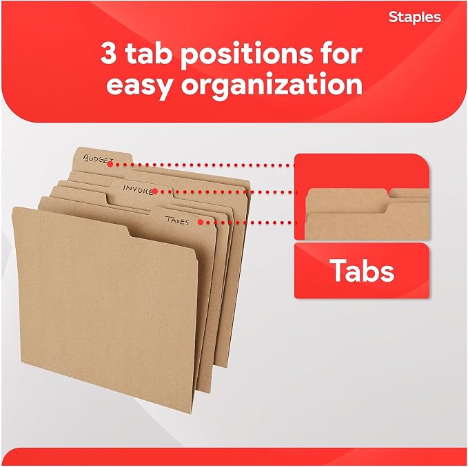 Staples Colored File Folders, Letter Size, 3‑Tab Top‑Tab Design, Kraft, Durable Paper Stock, 100/Pack