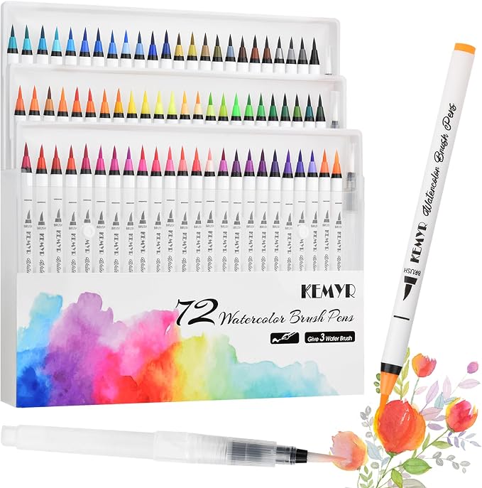 KEMYR Watercolor Brush Pens,72 Colors Brush Tip Pens for Watercolor Painting, 3 Aquapen Blending Brush,Watercolor Markers for Artists and Beginner Painters Coloring Books, Calligraphy,Manga
