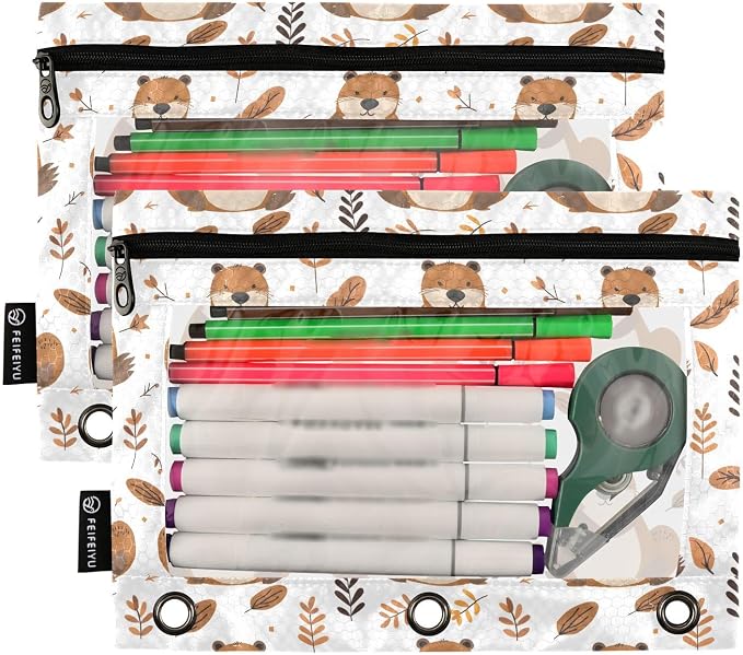Cute Beaver Forest Animal Pencil Pouch for 3 Ring Binder 2 Pack Zipper Binder Pencil Bag Case with Clear Window Office School Supplies