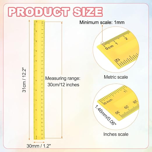 HARFINGTON 5pcs Plastic Rulers 12" (30cm) Clear Straight Ruler Measuring Tool Inches and Centimeters for Home Office Classrooms Drafting, Yellow