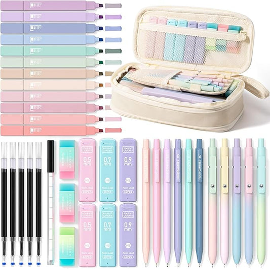 Four Candies School Supplies with Cute Pen Case, 39ct, Cream | Back to School Stationery Set, Essentials for College & Nursing Students, 5 Gel Pens, 6 Mechanical Pencils, 12 Highlighters