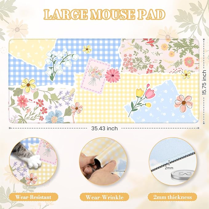 iCasso Aesthetic Checkered Desk Mat with Floral Design, XXL Mouse Pad and Keyboard Mat, Cute Flower Mousepad for Grily Desktop Decor, Office Home Laptop Accessories（Butter Yellow