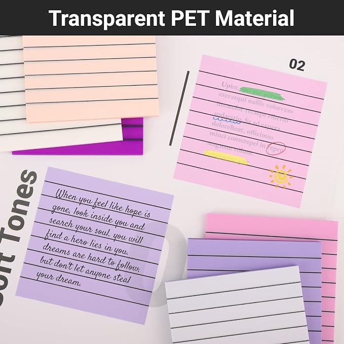 EUSOAR Transparent Sticky Notes, 300 Sheets 3x3 Inch Waterproof Pink Index Tabs Sticky Notes with Lines, See-Through Adhesive Note Bible Stickers Note Pads for School Classroom Office Supplies