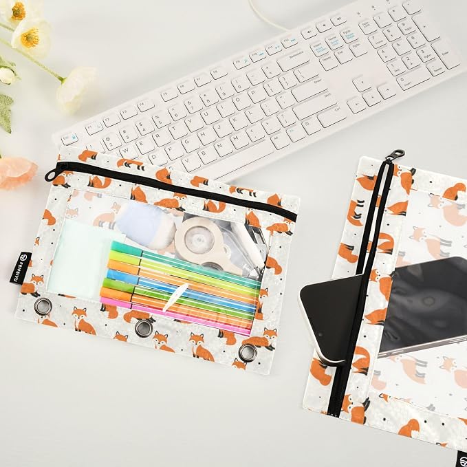 ALAZA Pencil Pouch for 3 Ring Binder, Cute Foxes Polka Dot Cartoon Binder Pencil Pouches with Clear Window Zipper Pencil Case Cosmetic Bags for Office College Supplies, 2PCS