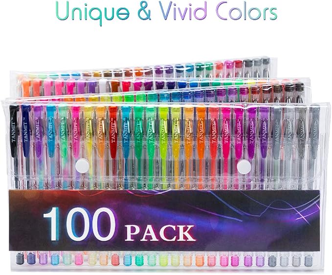 Tanmit 100 Coloring Gel Pens Set for Adults Coloring Books- Gel Colored Pen for Drawing, Writing & Unique Colors Including Glitter, Neon, Standard, Symhony, Milky & Metallic