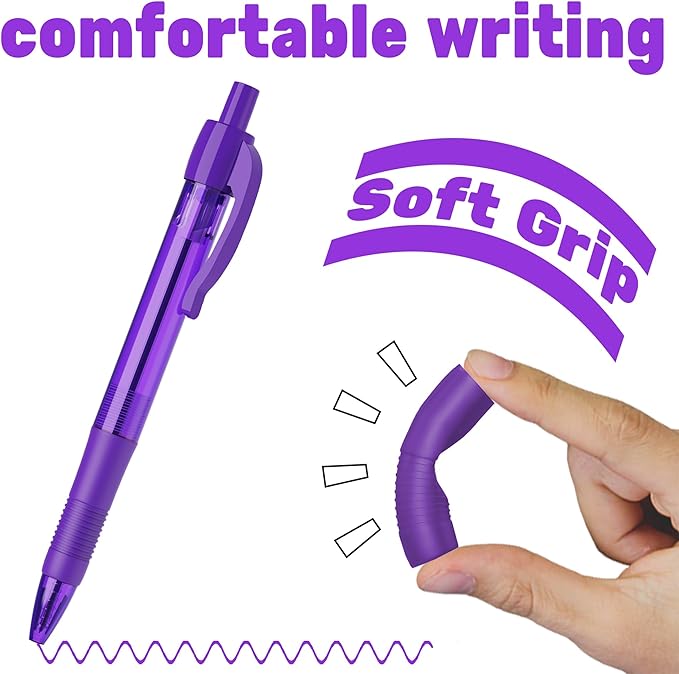deegtran Pens Bulk, 30 Pack No Bleed Purple Ink Click Pens with Soft Grip, Wholesale Retractable Ballpoint Pens for Office School, Medium Point Smooth 1.0MM