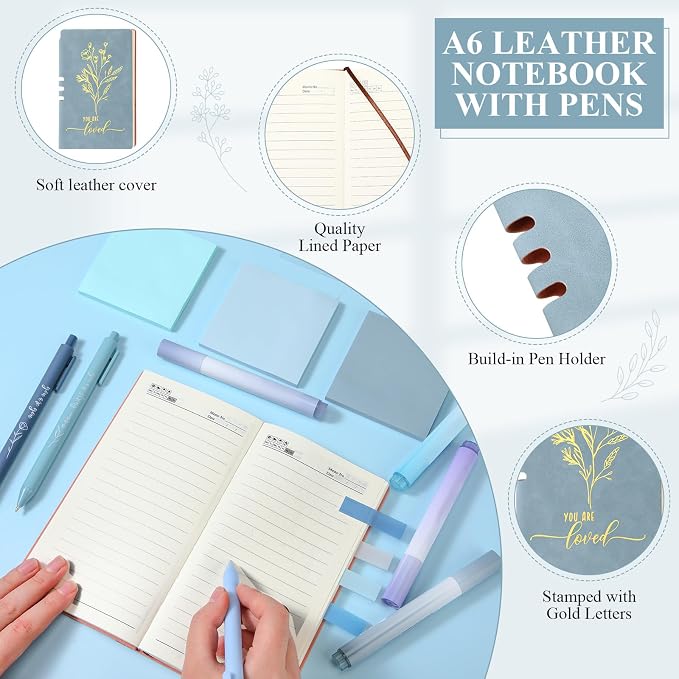 14 Pcs Inspirational Journal Kit for Women Aesthetic A6 Leather Journal Notebook Glass Cup Canvas Tote Bag Motivational Pen Stationery Set for Vbs Sunday School Teacher Back to School(Blue)