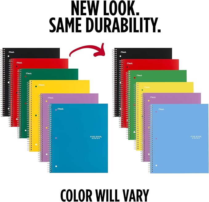 Five Star Spiral Notebook + Study App, 6 Pack, 1 Subject, Wide Ruled Paper, 8" x 10-1/2", 100 Sheets, Fights Ink Bleed, Water Resistant Cover, Assorted Colors (38042)