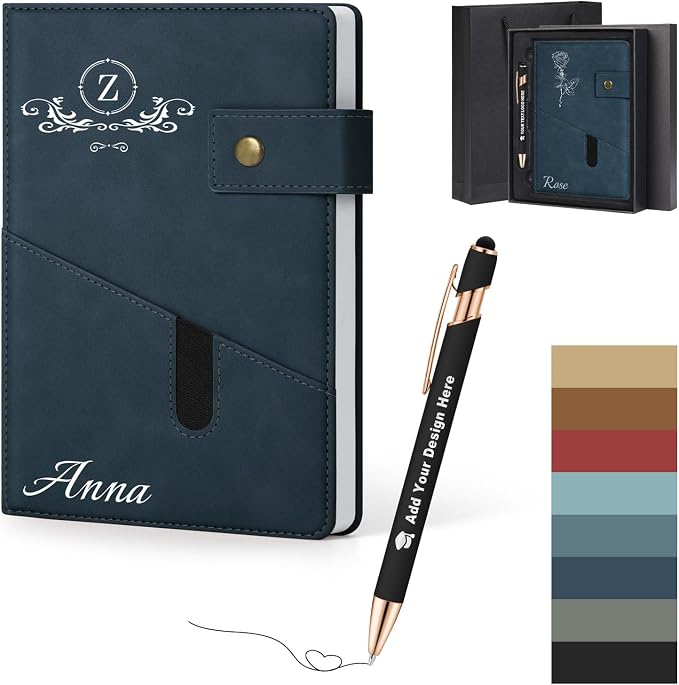 ENOMY Personalized A5 Journal Gift Set with Custom Pen PU Leather Notebook Box, Dark blue
