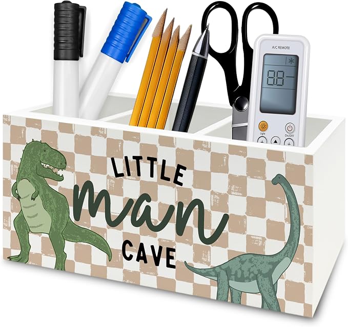 Dinosaur Pen Pencil Holder Organizer for Desk, Little Man Cave Dino Retro Neutral Checkered Wooden Box Signs Decorations for Kids Boys Room Bedroom Desk Tabletop, Dinosaur Gifts for Kids Boys