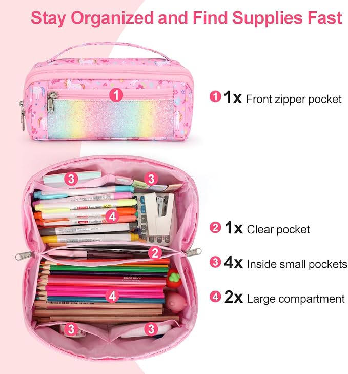 Large Pencil Case for Girls, Aesthetic Pencil Pouch for School, Wide Opening Organizer Box with Handle, Fits 50 Pens & Markers (Glitter Pink Unicorn) | Kids Pencil Case & Wide Handle, Water Resistent Organizer Box, Fits 50 Pens & Markers, Daily Use, Gl...