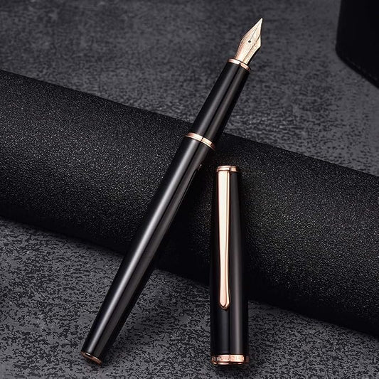 HongDian 920 Black Metal Fountain Pen, Rose Gold Plated Extra Fine Nib Smooth Writing Pen, Classic Pen with Ink Converter