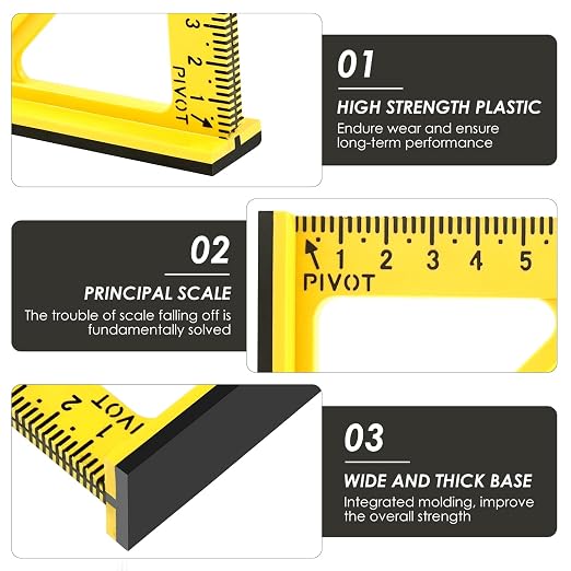 7 Inch Woodworking Triangle Ruler, Metric and Imperial Plastic Carpenter Square, Precision Right Angle Measuring Ruler, Clear Scale Square Protractor for Woodworking and Carpentry (Yellow)