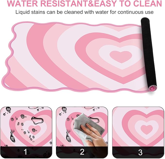 L-SPOUTTO Pink Mouse Pad,Cute Desk Mat XXL Large Scalloped Gaming Mousepad,35.4x15.7in Non-Slip Rubber Base Keyboard Pad Waterproof Desktop Mat for Laptop Computer Work Game Home Office-Pink Heart